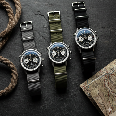Three watches with different NATO strap colors on a dark surface with a map and rope.